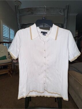 Ann Taylor White Knit Polo with Beige Trim
